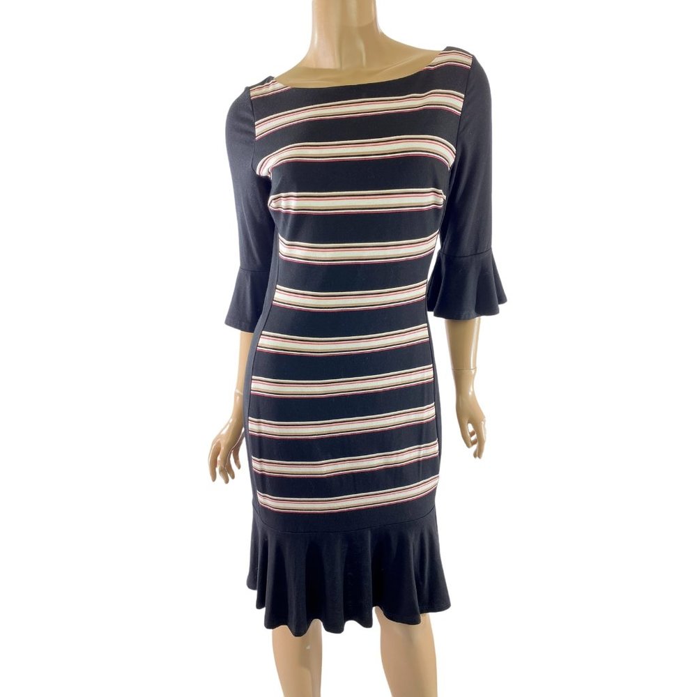 White House Black Market Navy Striped Ruffle-Hem Dress